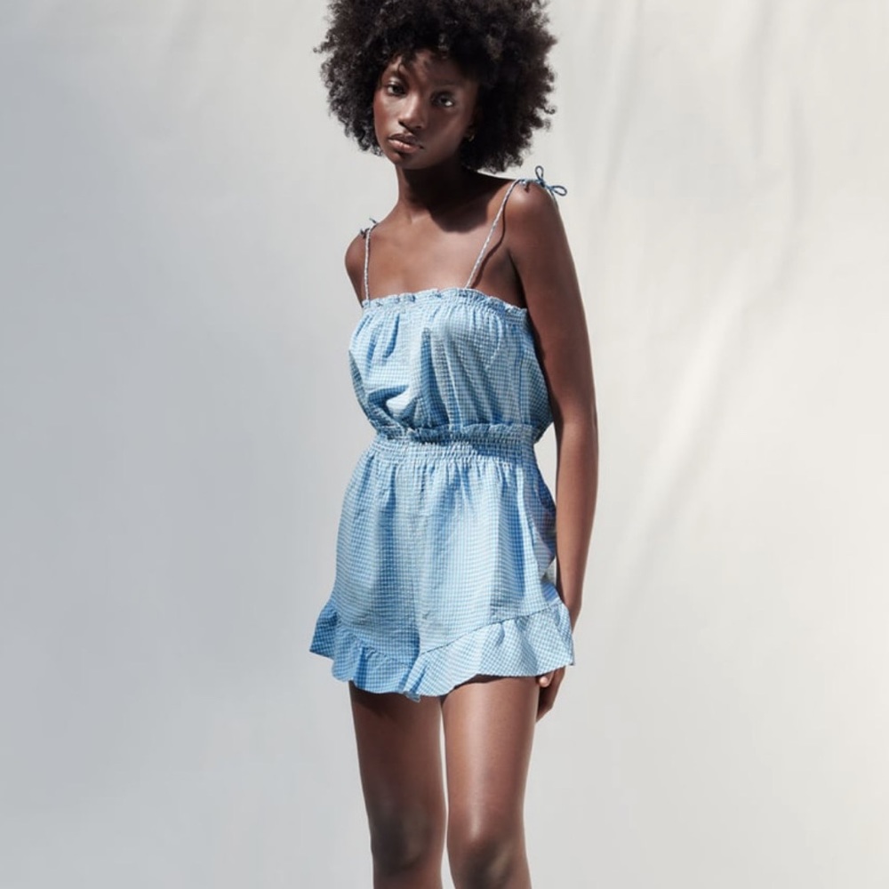 ZARA Plaid Short Romper in blue & white